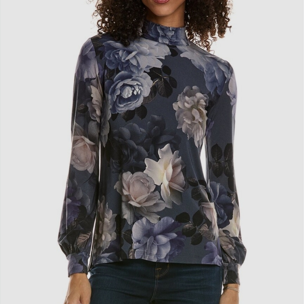 Johnny Was Janie Favorite Mock Neck Puff Sleeve Gray Rose Floral Blose 2X